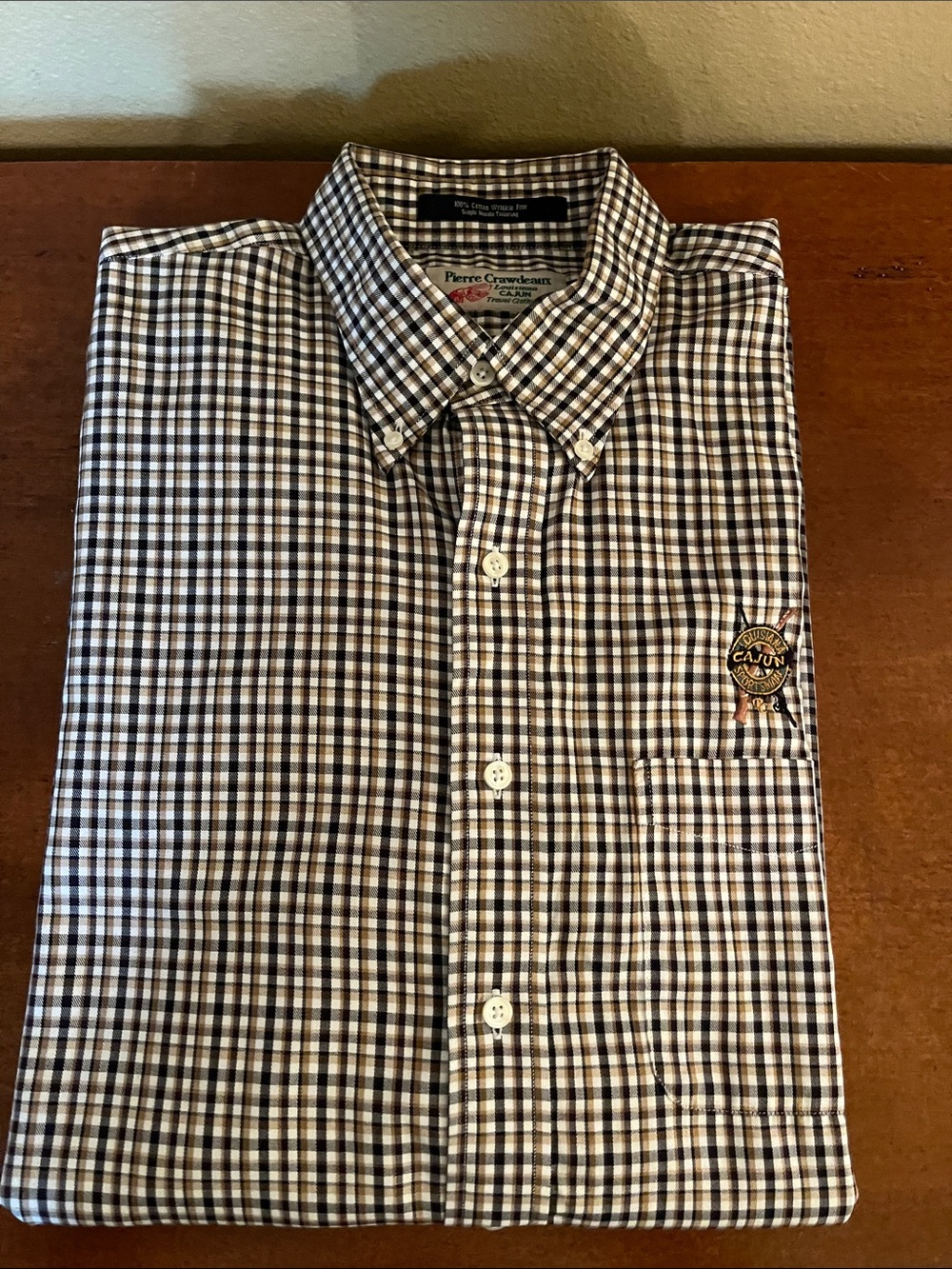 Pierre Crawdeaux Men’s Black and Gold Check LS Button-Down Shirt, Size L